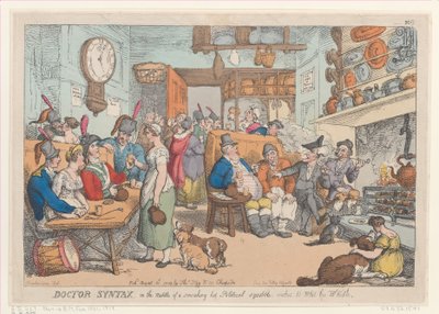 Doktor Syntax, w środku palącej gorącej politycznej sprzeczki, pragnie komu..., 31 sierpnia 1813. autorstwa Thomas Rowlandson