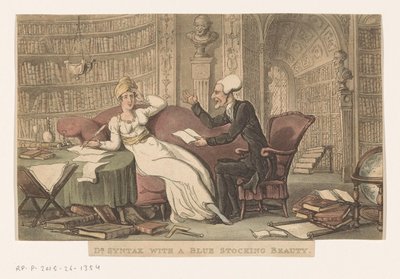 Doktor Syntax z kobietą w bibliotece dr. Składnia z piękną niebieską pończochą (tytuł na obiekcie) autorstwa Thomas Rowlandson