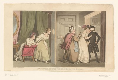 Doktor Syntax zostaje zaprowadzony przez drzwi przez dwie kobiety autorstwa Thomas Rowlandson