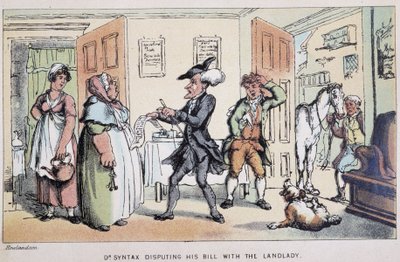Doktor kwestionujący rachunek (w hotelu?) - w „Trzech wycieczkach doktora Syntaxa: w poszukiwaniu malowniczej pociechy i żony”” Williama Combe, il. Rowlandson autorstwa Thomas Rowlandson