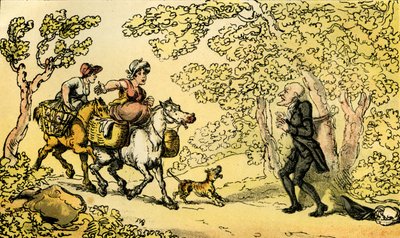 „Dr Syntax przywiązany do drzewa przez rozbójników” autorstwa Thomas Rowlandson