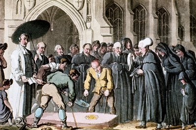 Dr Syntax obserwuje spuszczanie trumny swojej żony do grobu, 1820 autorstwa Thomas Rowlandson