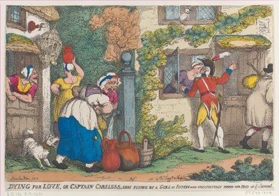 Dying for Love lub Captain Careless, zastrzelony przez piętnastolatkę, która niespodziewanie pop..., 1810. autorstwa Thomas Rowlandson
