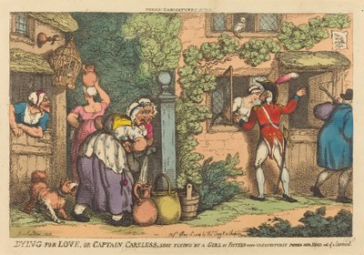 Dying for Love lub Kapitan Careless postrzelony przez Piętnastolatkę, która niespodziewanie wyrwała głowę z okna autorstwa Thomas Rowlandson