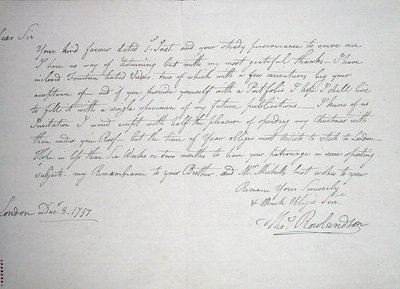 Najwcześniejszy znany list artysty do pana Downsa, potencjalnego patrona, 8 grudnia 1797 (pióro i atrament na papierze) autorstwa Thomas Rowlandson