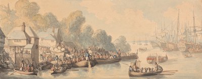 Zaokrętowanie w Southampton, 20 czerwca 1794 (akwarela i długopis oraz brązowy, szary i czerwono-brązowy tusz na graficie na średnim, lekko teksturowanym, kremowym papierze) autorstwa Thomas Rowlandson