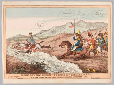 „Angielskie maniery i francuska roztropność lub francuscy dragoni doprowadzeni do szachu przez skok Belvoir wrzesień 1811” (rycina, kolorowana) autorstwa Thomas Rowlandson