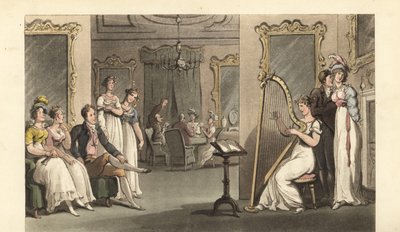 Angielski dżentelmen i panie słuchają harfisty na balu autorstwa Thomas Rowlandson