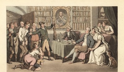 Angielski dżentelmen w swoim gabinecie usłyszał przypadek kłusownictwa autorstwa Thomas Rowlandson