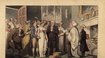 Angielski dżentelmen poślubia swoją narzeczoną w okazałym domu autorstwa Thomas Rowlandson