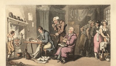 Angielski dżentelmen piszący list błagalny w zrujnowanym salonie autorstwa Thomas Rowlandson