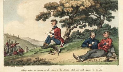 Chorąży Johnny Newcome pisze list do matki opisujący bitwę o Salamankę autorstwa Thomas Rowlandson