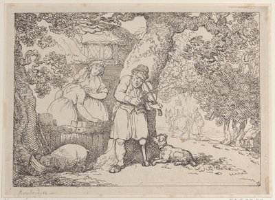 Skrzypek, Żeglarz, Dwie kobiety i świnia przy domku, 1816., 1816. autorstwa Thomas Rowlandson