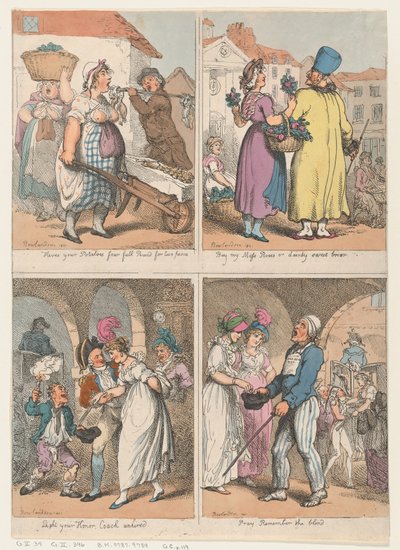 Cztery sceny z serii Cries of London: Oto twoje ziemniaki..., Kup mój mech..., 1 sierpnia 1801 r. autorstwa Thomas Rowlandson