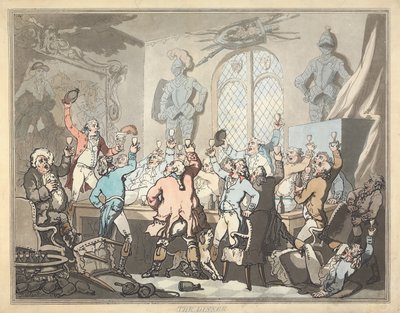 Polowanie na lisy [zestaw sześciu]:  6.  Kolacja autorstwa Thomas Rowlandson