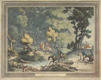 Polowanie na lisy [zestaw czterech obrazów]:  2.  Jeleń osaczony. / Scena w okolicach Taplow w hrabstwie Berks autorstwa Thomas Rowlandson
