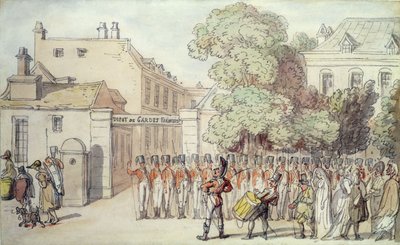 Francuscy żołnierze na paradzie (pióro i akwarela na papierze) autorstwa Thomas Rowlandson