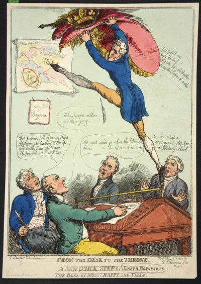Od biurka do tronu. Nowy szybki krok Josepha Bonaparte. Bass panów Nappy i Talley, wyd. 1808 (grawerowanie ręcznie kolorowane) autorstwa Thomas Rowlandson