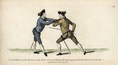 Szermierz dżentelmen na drugiej pozycji Rozbrajania na Kartę lub Drugiego Pchnięcia, po paradzie Pierwszej Parady. Ręcznie kolorowany miedzioryt według ilustracji Thomasa Rowlandsona z The School of Fencing pana Domenico Angelo w Londynie autorstwa Thomas Rowlandson
