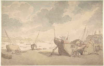 Scena portowa podczas odpływu, z łodziami wyrzuconymi na brzeg autorstwa Thomas Rowlandson