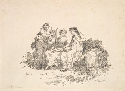 Harmonia - dwie śpiewające nimfy, inna grająca na lirze, 1784-88. autorstwa Thomas Rowlandson