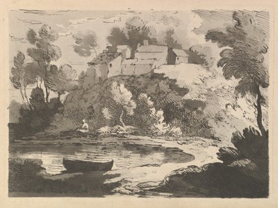 Krajobraz pagórkowatej rzeki, łódź w wodzie na pierwszym planie po lewej stronie, figura na dalekim brzegu..., 1783-84. autorstwa Thomas Rowlandson