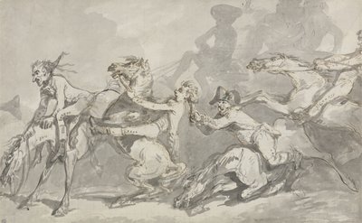 Horsemen Colliding, ok. 1785-90 (pióro i atrament z brązowym praniem na papierze) autorstwa Thomas Rowlandson