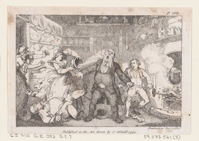 Hostessa wylewa rondel krwi w twarz pastora Andrewsa, z Przygody..., 1792. autorstwa Thomas Rowlandson