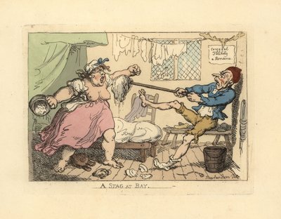Mąż powstrzymuje gniewną żonę mopem. autorstwa Thomas Rowlandson
