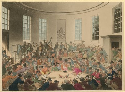 Ilustracja przedstawiająca tłum oglądający walkę kogutów autorstwa Thomas Rowlandson