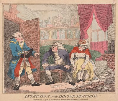 Intrusion or the Doctor Disturbd, wyd. 1786 (ręcznie kolorowane grawerowanie) autorstwa Thomas Rowlandson