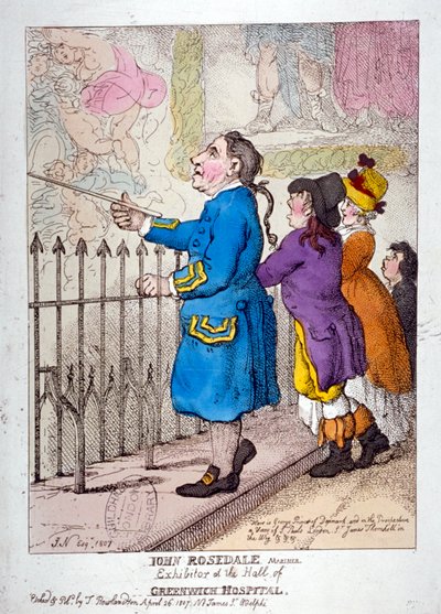 „John Rosedale, marynarz, wystawca hali szpitala Greenwich”, 1807 r. autorstwa Thomas Rowlandson