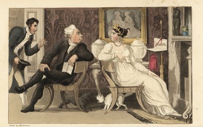 Johnny przerywa kłótnię między gośćmi na przyjęciu w salonie Regency. Ręcznie kolorowany miedzioryt autorstwa Thomasa Rowlandsona z książki Williama Combe