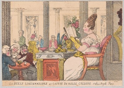 La Belle Liminaudiere w Café de Mille Colonne, Palais Royal, Paryż, wyd. 1814 (grawerowanie ręcznie kolorowane) autorstwa Thomas Rowlandson