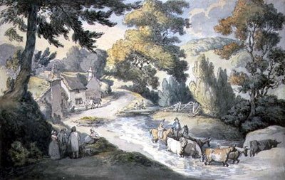 Krajobraz z bydłem brodzącym w strumieniu autorstwa Thomas Rowlandson
