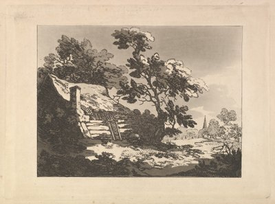 Pejzaż z chatą pośród drzew po lewej stronie i wieżą kościoła w oddali po prawej stronie autorstwa Thomas Rowlandson