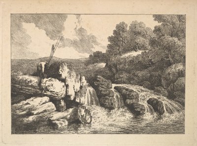 Krajobraz z dwoma rybakami wspinającymi się po skałach obok wodospadu, 1784-88. autorstwa Thomas Rowlandson