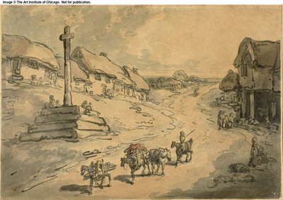 Krajobraz z przydrożnym krzyżem i domkami autorstwa Thomas Rowlandson