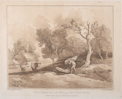 Pejzaż z postacią niosącą wiązkę gałęzi, z tyłu za dużo, dwie krowy i..., 21 maja 1789. autorstwa Thomas Rowlandson