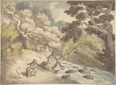 Krajobraz z rwącym strumieniem i parą na brzegu, przestraszoną przez węża autorstwa Thomas Rowlandson