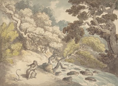 Krajobraz z rwącym strumieniem i parą na brzegu, spłoszoną przez węża, 1775-1827. autorstwa Thomas Rowlandson