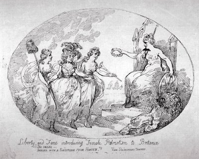 „Wolność i sława wprowadzające kobiecy patriotyzm do Brytanii”, 1784 autorstwa Thomas Rowlandson