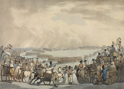 Light Horse Volunteers of London and Westminster, dowodzony przez pułkownika Herriesa, zrecenzowany przez Jego Wysokość na Wimbledon Common, 5 lipca 1798 (kolorowa akwatinta) autorstwa Thomas Rowlandson