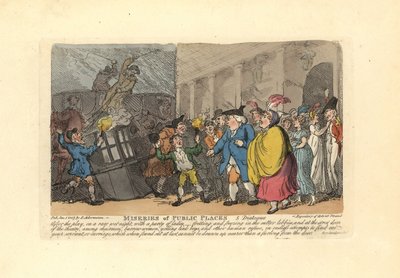 Mężczyźni i kobiety szukający powozu w tłumie w deszczu. autorstwa Thomas Rowlandson