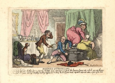 Mężczyzna i dwie kobiety nie zamykają zapakowanego bagażnika. autorstwa Thomas Rowlandson