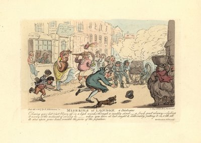 Mężczyzna goniący swój kapelusz po błotnistej ulicy przy silnym wietrze. autorstwa Thomas Rowlandson