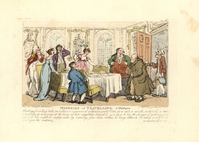 Mężczyzna zmuszony do noszenia na kolacji źle dopasowanych ubrań gospodarza autorstwa Thomas Rowlandson