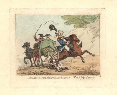 Mężczyzna tracący kontrolę nad wierzchowcem podczas przejeżdżania przez powóz. autorstwa Thomas Rowlandson