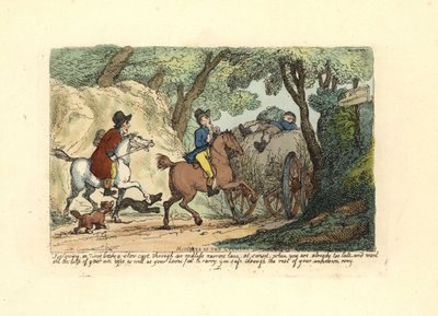 Mężczyzna na koniu za wolno jadącym wózkiem na wąskim pasie. autorstwa Thomas Rowlandson