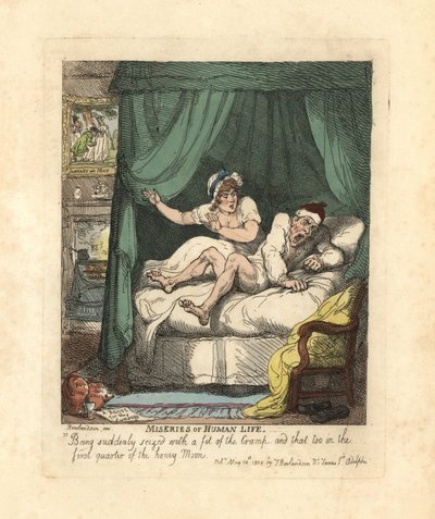Mężczyzna sparaliżowany skurczem nóg w łóżku dla nowożeńców. autorstwa Thomas Rowlandson